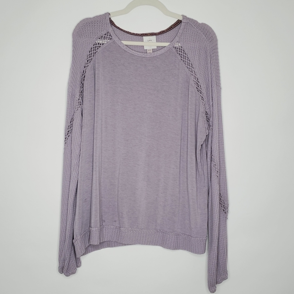 Knox Rose Waffle Knit Long Sleeve Top Size XXL Crochet Lace Accent Pullover Boho